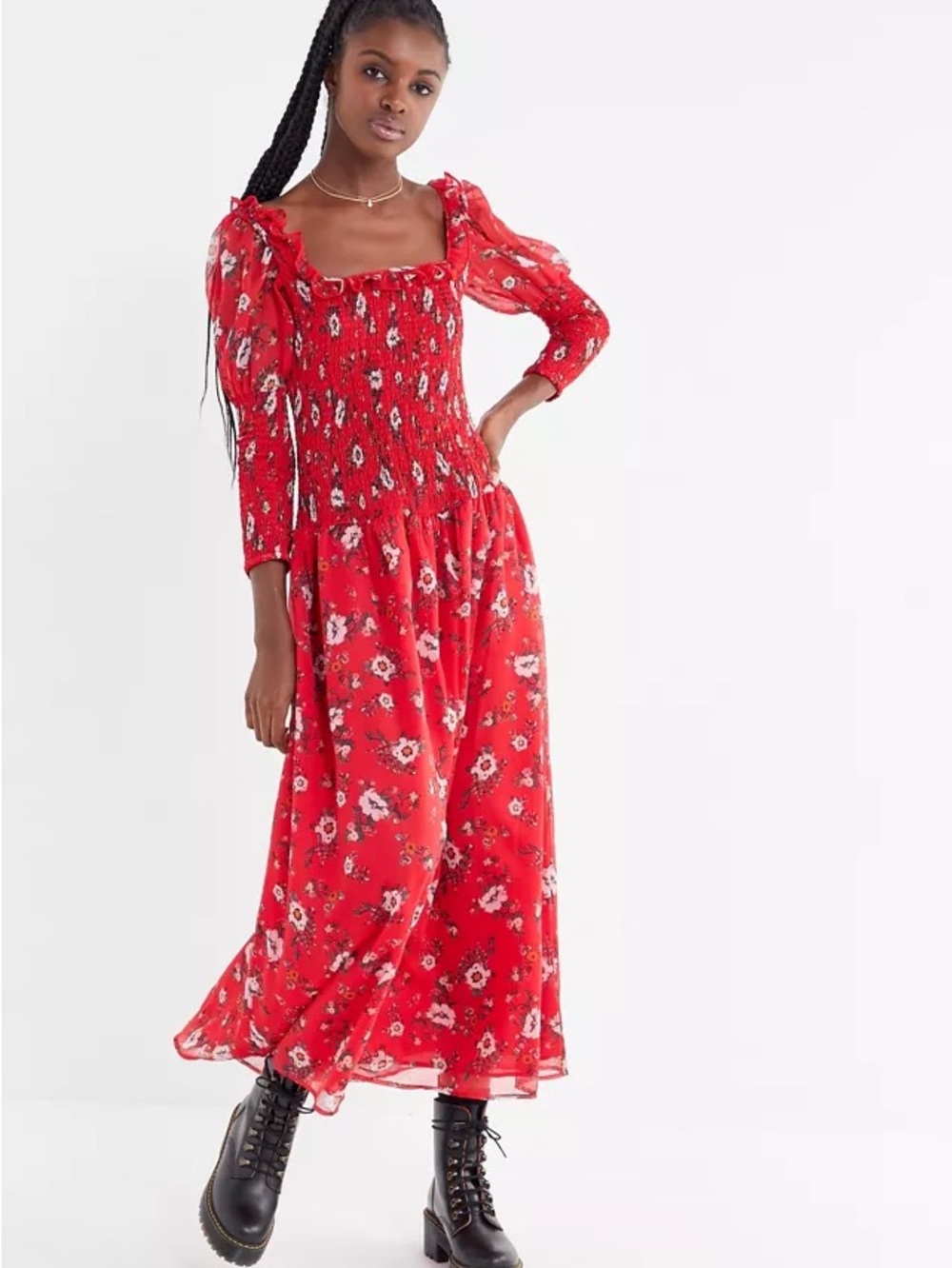 Urban Outfitters Red Floral Smocked Maxi Dress - Women